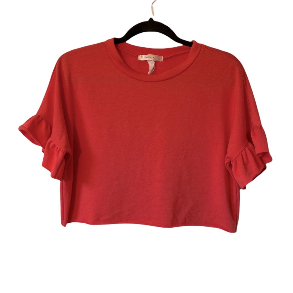 Women’s Crop Top Size Small Red Ruffled Short Sleeves Crew Neckline